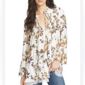 Free People Floral Print Smocked Tunic Size XS Oversized Cream